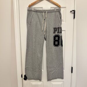 PINK Victoria's Secret Grey  Fleece Sweatpants Wide Legs Drawstring Size L Y2K
